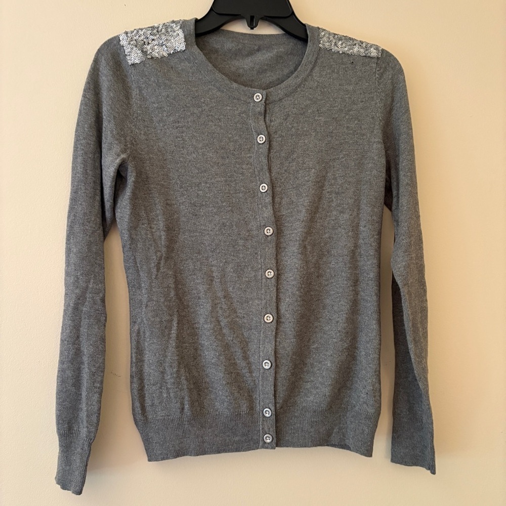 Unbranded Gray Beaded Shoulder Cardigan Medium Button Front Sweater